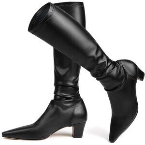 Women's Knee High Black-h Boots Pointed Toe Stretchy Block Heel Pull On Style